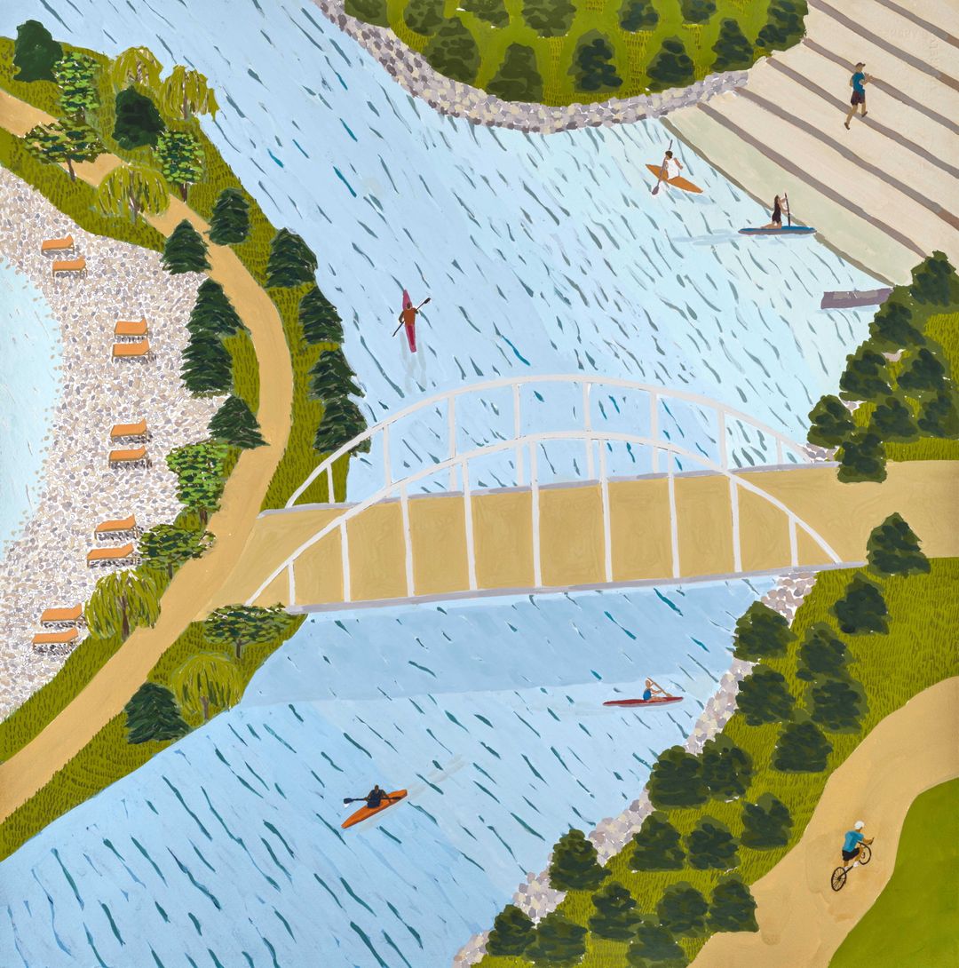 Illustration of Lakeview Village waterways, trails and bridge